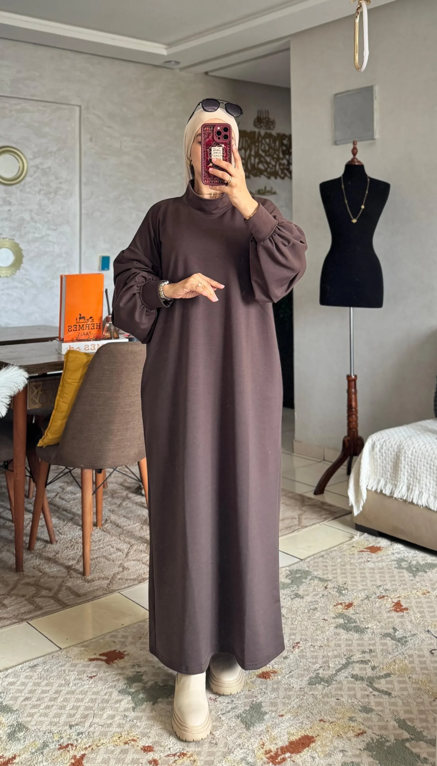 فستان شتوي طويل فضفاض (Oversize) بأكمام بالون - Image 4
