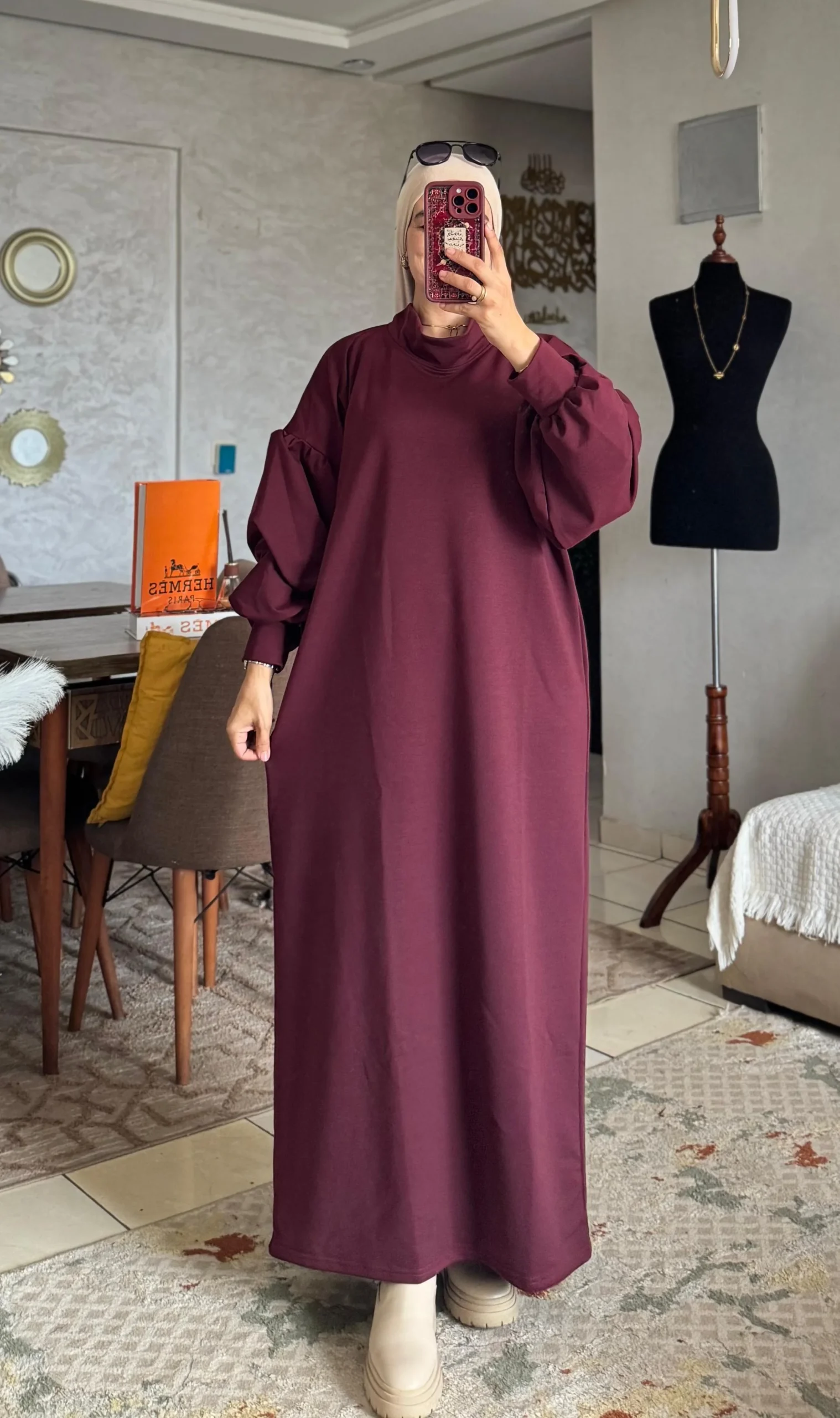 فستان شتوي طويل فضفاض (Oversize) بأكمام بالون - Image 5